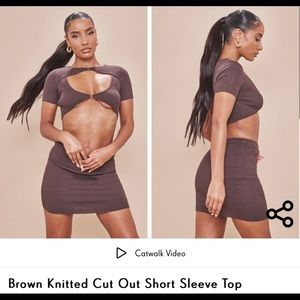 Brown Knitted Cut Out Short Sleeve Top